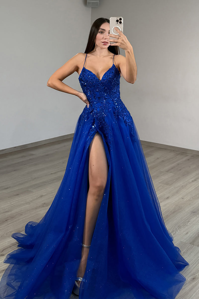 Load image into Gallery viewer, Sparkly Royal Blue Spaghetti Straps A-Line Long Prom Dress with Slit