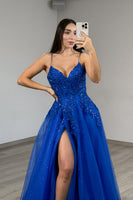 Load image into Gallery viewer, Sparkly Royal Blue Spaghetti Straps A-Line Long Prom Dress with Slit
