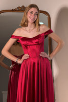 Load image into Gallery viewer, Red Satin Corset Off the Shoulder Long Prom Dress