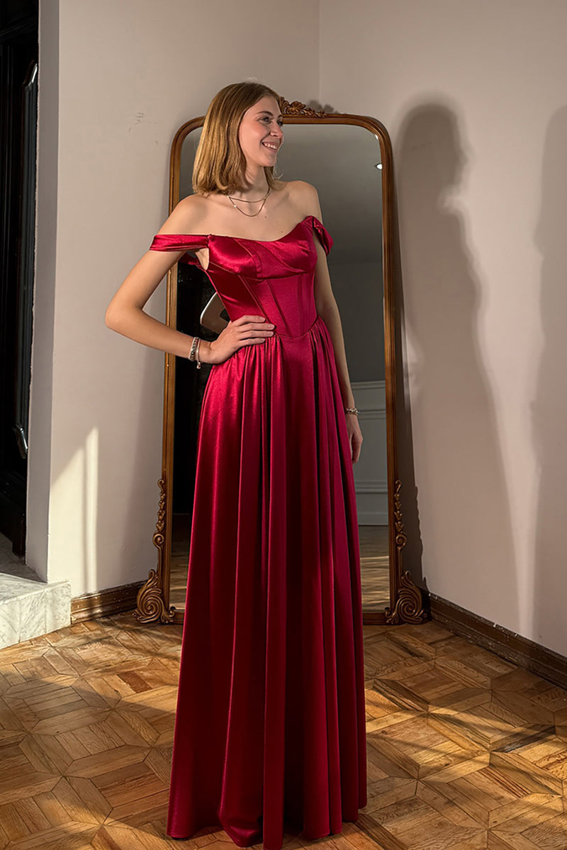 Load image into Gallery viewer, Red Satin Corset Off the Shoulder Long Prom Dress