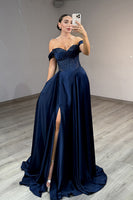 Load image into Gallery viewer, Navy Ball Gown Off the Shoulder Long Prom Dress with Slit
