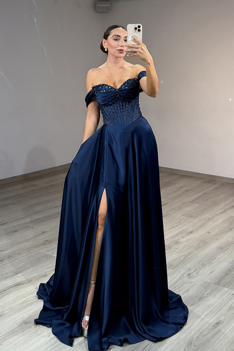 Load image into Gallery viewer, Navy Ball Gown Off the Shoulder Long Prom Dress with Slit