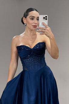 Navy Ball Gown Off the Shoulder Long Prom Dress with Slit
