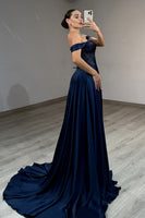 Load image into Gallery viewer, Navy Ball Gown Off the Shoulder Long Prom Dress with Slit