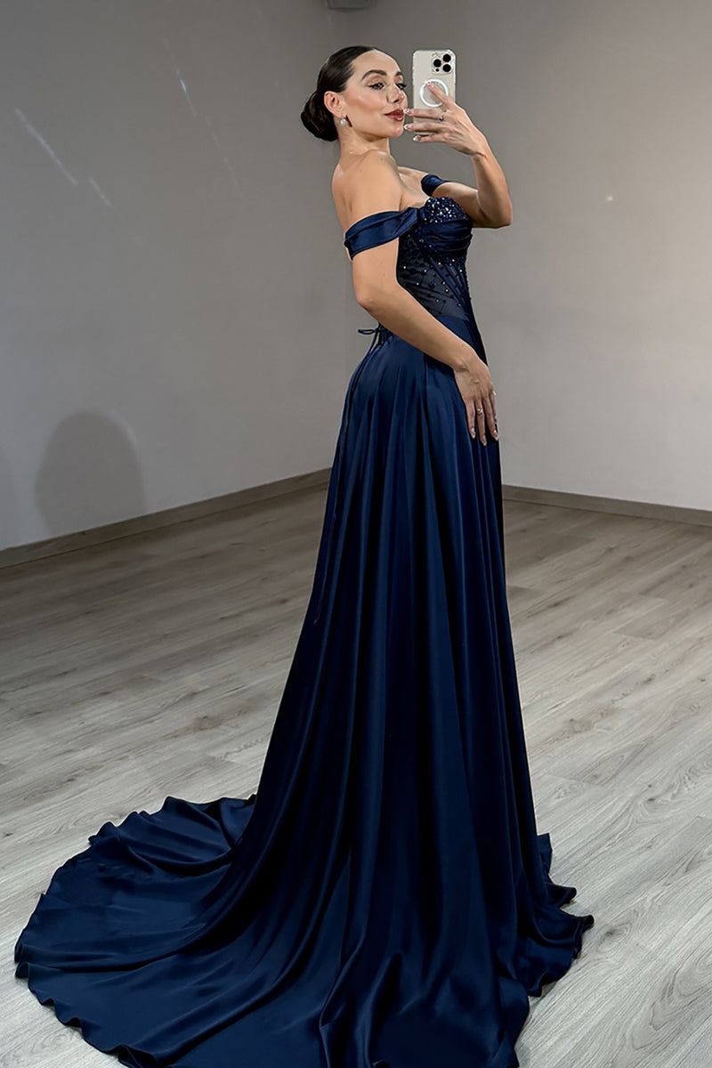 Load image into Gallery viewer, Navy Ball Gown Off the Shoulder Long Prom Dress with Slit