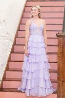 Load image into Gallery viewer, Light Purple A-Line V-Neck Long Prom Dress with Ruffles