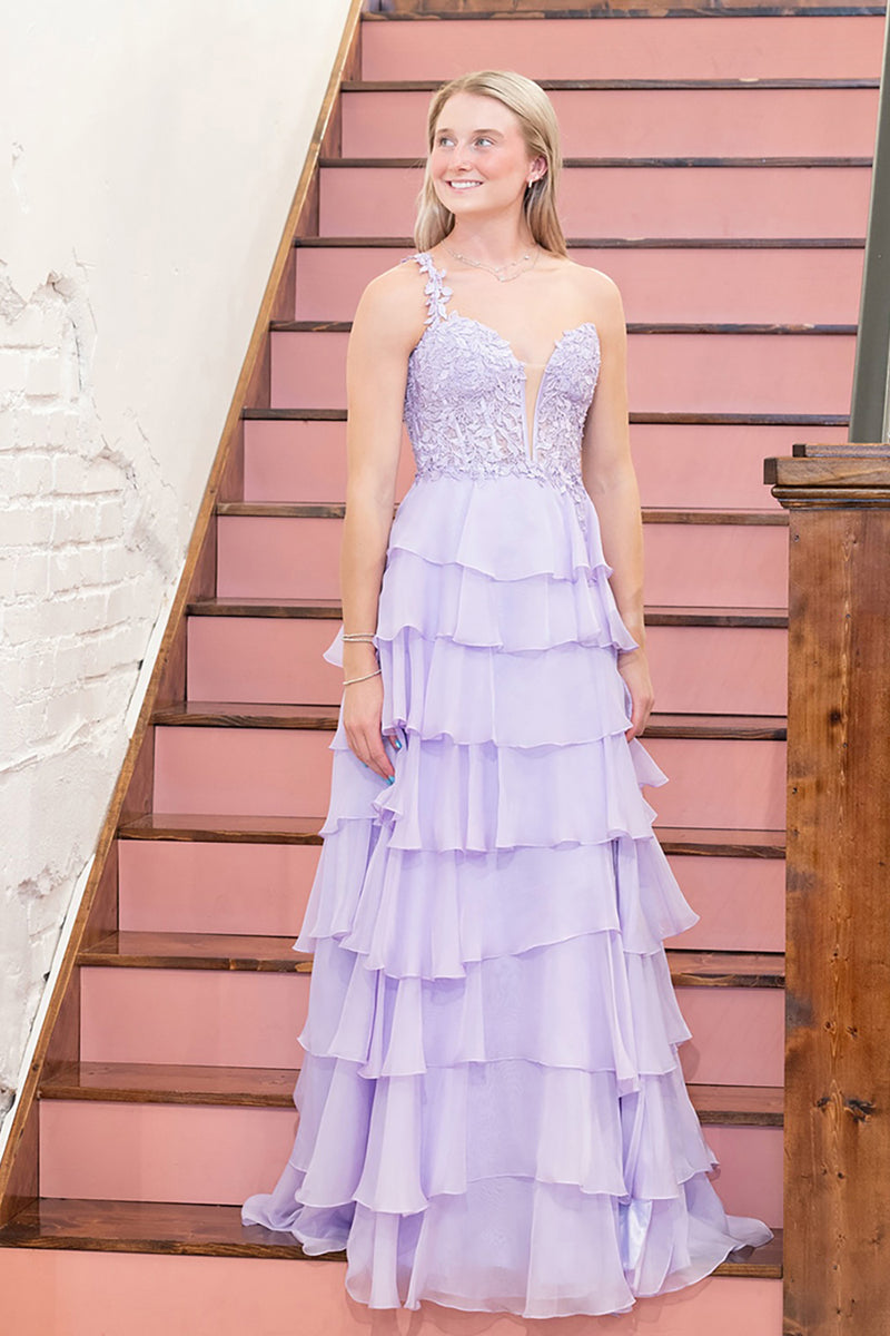 Load image into Gallery viewer, Light Purple A-Line V-Neck Long Prom Dress with Ruffles