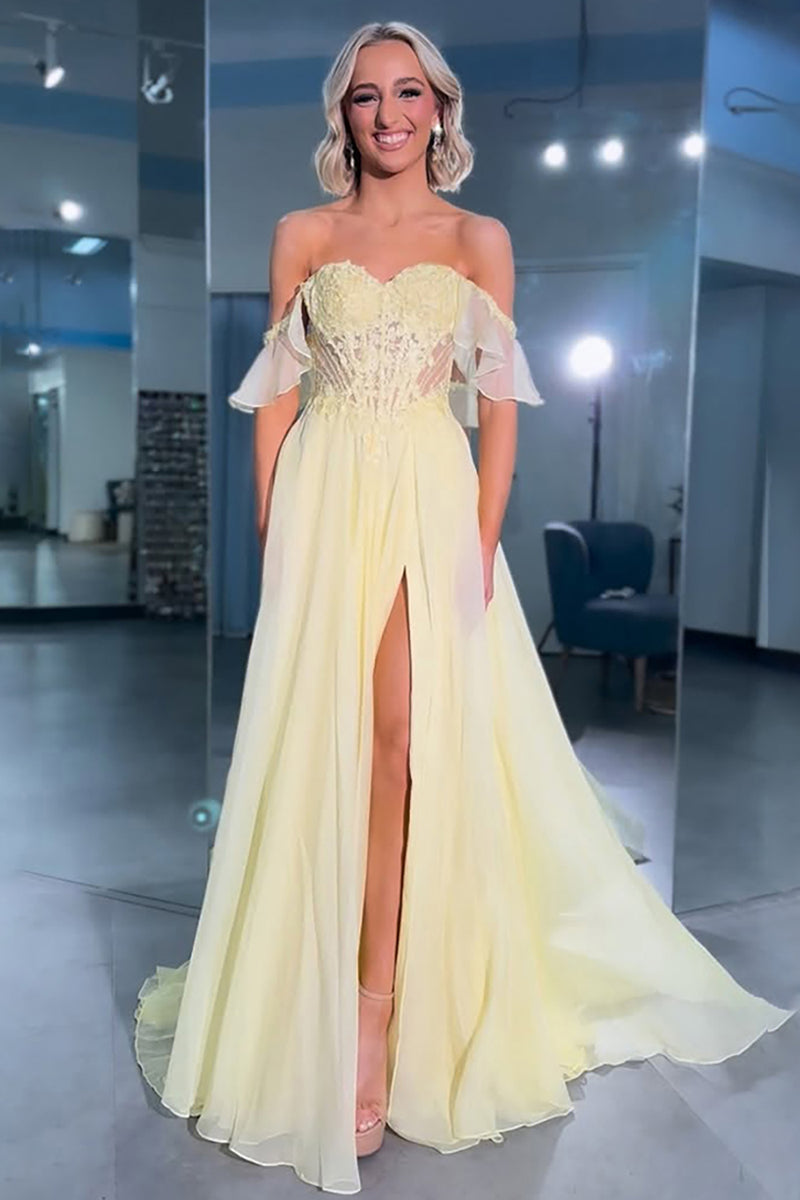 Load image into Gallery viewer, Yellow Off the Shoulder A-Line Long Prom Dress with Slit