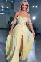Load image into Gallery viewer, Yellow Off the Shoulder A-Line Long Prom Dress with Slit