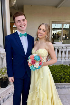 Yellow A-Line Sweetheart Long Prom Dress with Ruffles