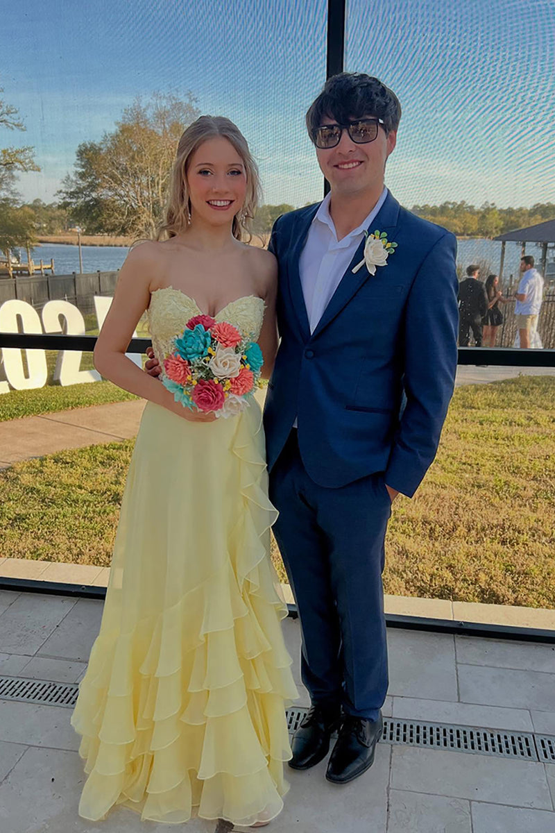 Load image into Gallery viewer, Yellow A-Line Sweetheart Long Prom Dress with Ruffles