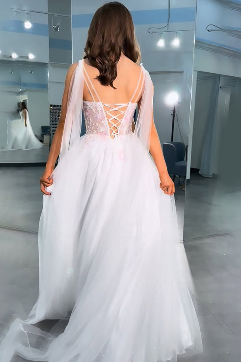 Load image into Gallery viewer, Floral White A-Line V-Neck Long Prom Dress with Slit