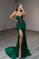 Load image into Gallery viewer, Sparkly Emerald Green Mermaid Spaghetti Straps Long Prom Dress with Slit