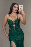 Load image into Gallery viewer, Sparkly Emerald Green Mermaid Spaghetti Straps Long Prom Dress with Slit