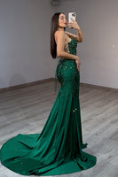 Load image into Gallery viewer, Sparkly Emerald Green Mermaid Spaghetti Straps Long Prom Dress with Slit