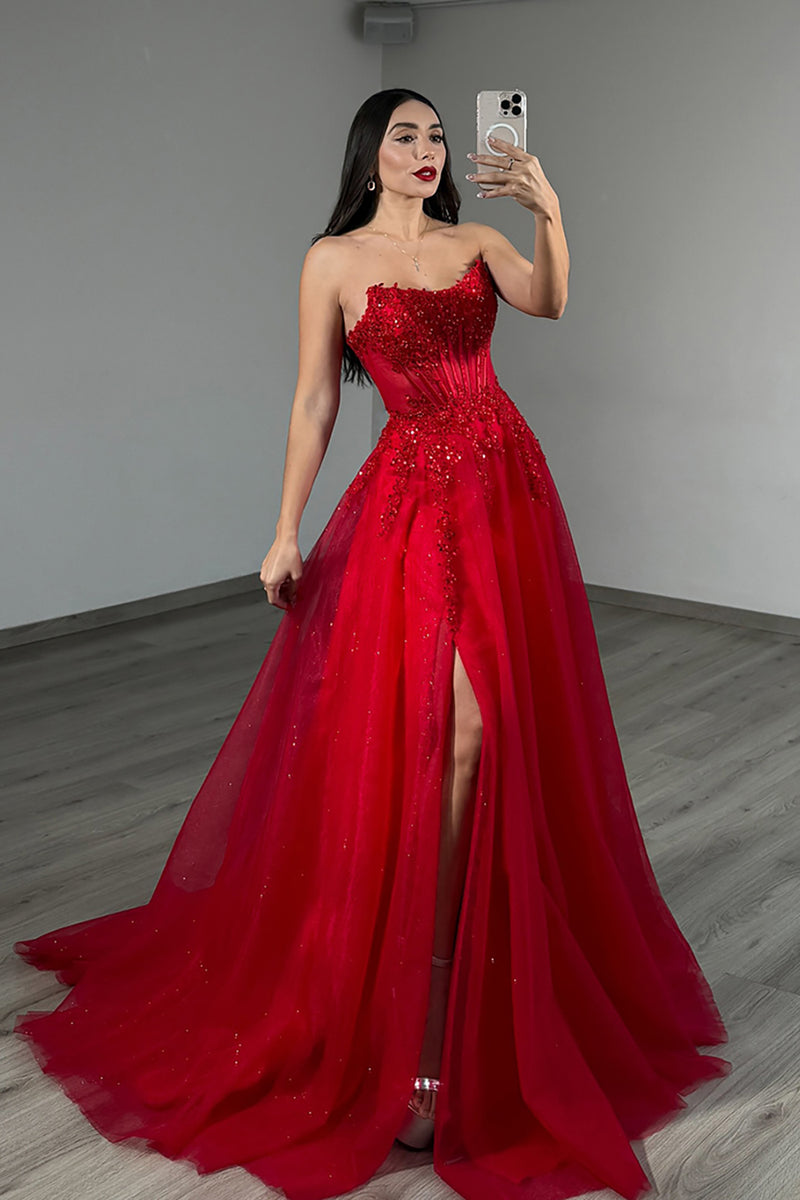 Load image into Gallery viewer, Red A-Line Strapless Long Prom Dress with Slit