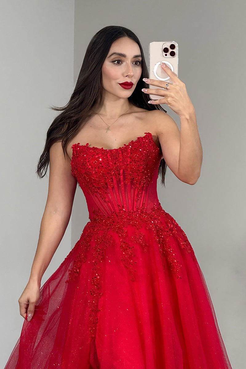 Load image into Gallery viewer, Red A-Line Strapless Long Prom Dress with Slit