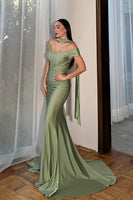 Load image into Gallery viewer, Sage Mermaid Off the Shoulder Neck Scarf Long Evening Dress