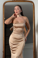 Load image into Gallery viewer, Champagne Mermaid Satin Strapless Long Evening Dress