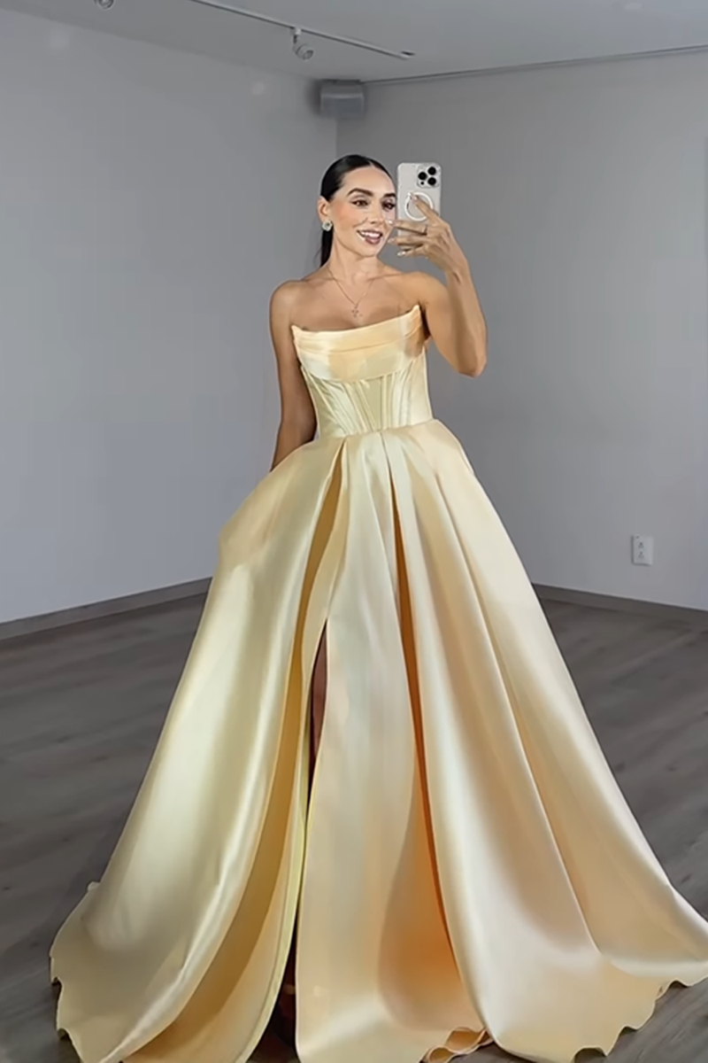 Load image into Gallery viewer, Yellow Ball Gown Strapless Long Prom Dress