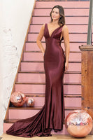 Load image into Gallery viewer, Maroon V-Neck Sheath Satin Long Prom Dress