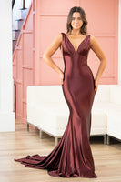 Load image into Gallery viewer, Maroon V-Neck Sheath Satin Long Prom Dress
