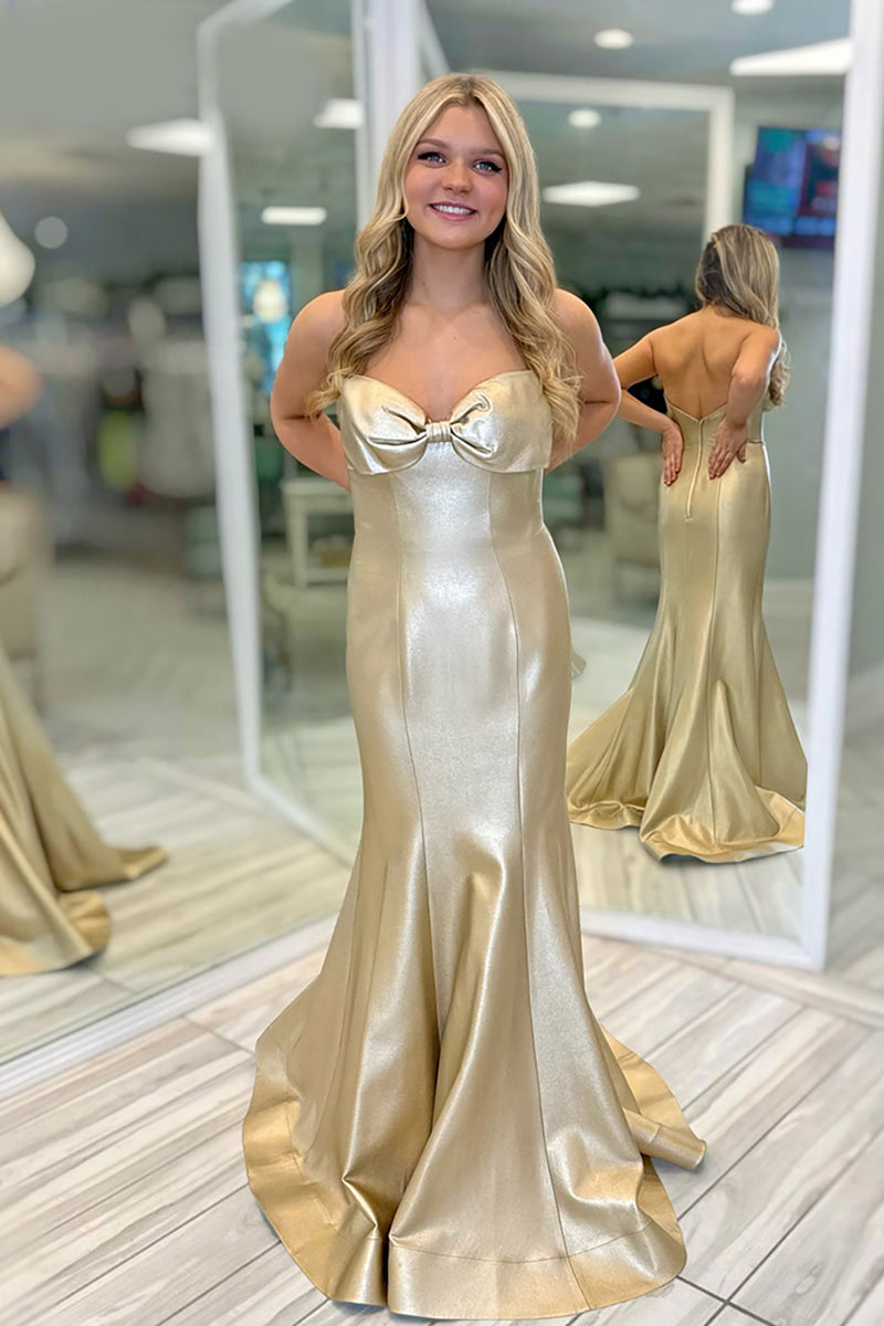 Load image into Gallery viewer, Sparkly Gold Mermaid Strapless Long Prom Dress