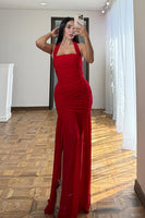 Load image into Gallery viewer, Red Halter Mermaid Long Evening Dress with Slit