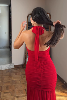 Red Halter Mermaid Long Evening Dress with Slit