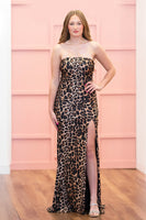 Load image into Gallery viewer, Brown Leopard Print Strapless Sheath Long Prom Dress with Slit