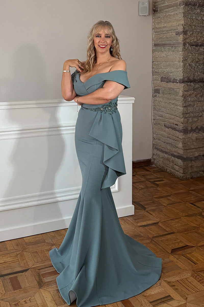 Load image into Gallery viewer, Grey Off the Shoulder Mermaid Long Evening Dress