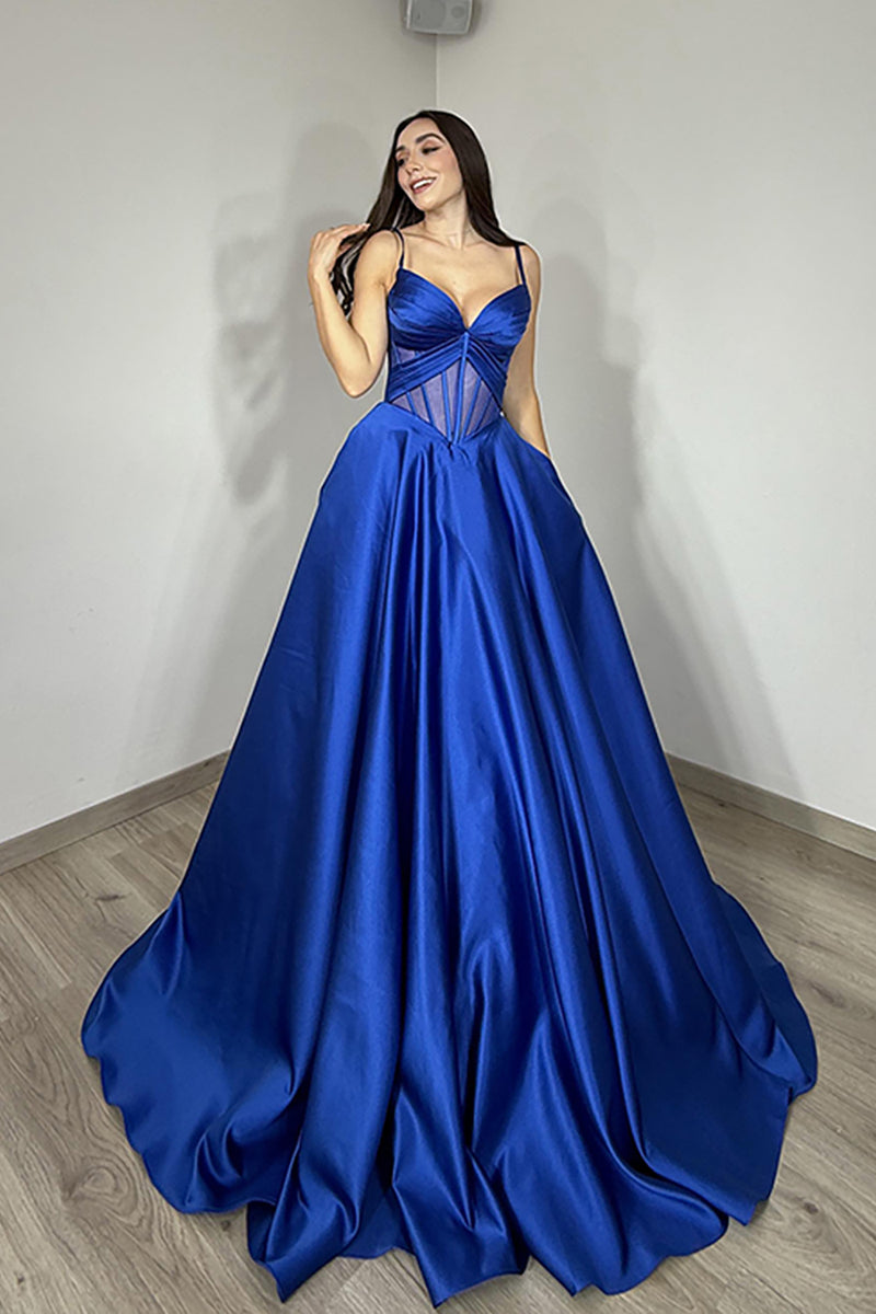 Load image into Gallery viewer, Royal Blue Ball Gown Spaghetti Straps Long Corset Prom Dress