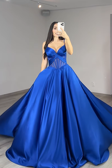 Royal Blue Ball Gown Spaghetti Straps Long Corset Prom Dress