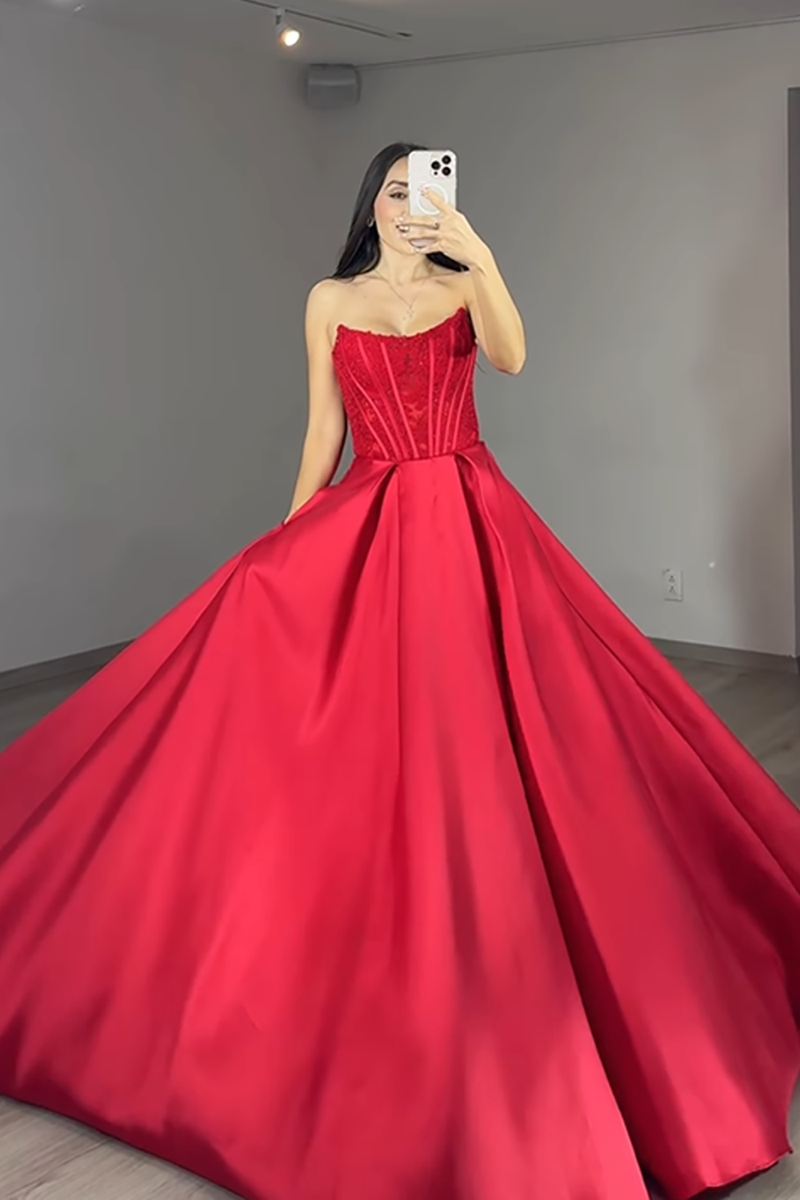 Load image into Gallery viewer, Red Ball Gown Strapless Long Corset Prom Dress