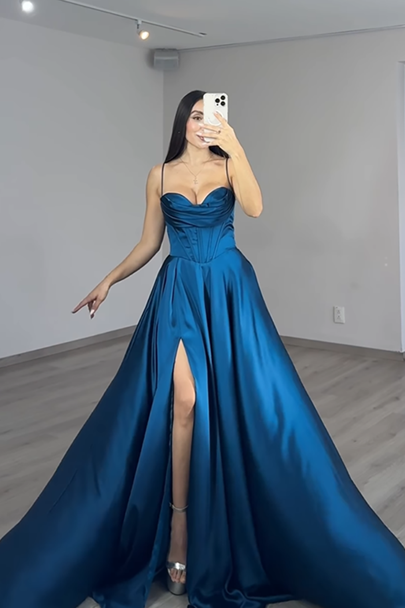Load image into Gallery viewer, Dark Blue Spaghetti Straps A-Line Sweetheart Long Prom Dress