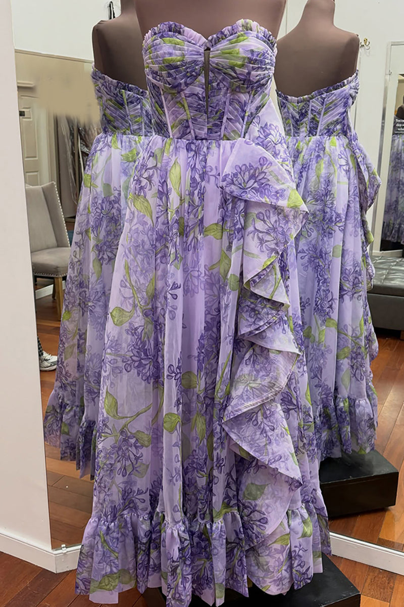 Load image into Gallery viewer, Purple Floral A-Line Strapless Long Corset Prom Dress