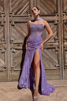 Load image into Gallery viewer, Sparkly Purple Mermaid Strapless Neck Scarf Long Prom Dress with Slit