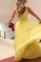 Load image into Gallery viewer, Yellow V-Neck A Line Long Prom Dress