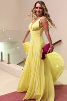 Load image into Gallery viewer, Yellow V-Neck A Line Long Prom Dress