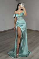 Load image into Gallery viewer, Mint Green Satin Off the Shoulder Corset Long Prom Dress with Slit