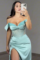 Load image into Gallery viewer, Mint Green Satin Off the Shoulder Corset Long Prom Dress with Slit
