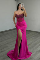 Load image into Gallery viewer, Sparkly Hot Pink Mermaid Strapless Long Corset Prom Dress with Slit