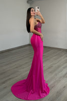 Load image into Gallery viewer, Sparkly Hot Pink Mermaid Strapless Long Corset Prom Dress with Slit