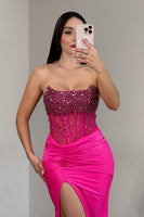 Load image into Gallery viewer, Sparkly Hot Pink Mermaid Strapless Long Corset Prom Dress with Slit