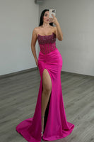 Load image into Gallery viewer, Sparkly Hot Pink Mermaid Strapless Long Corset Prom Dress with Slit