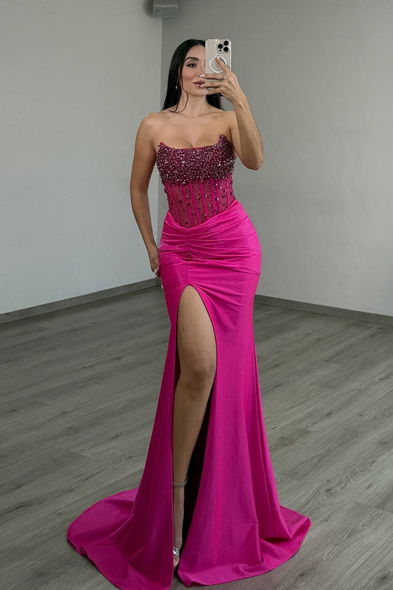 Load image into Gallery viewer, Sparkly Hot Pink Mermaid Strapless Long Corset Prom Dress with Slit