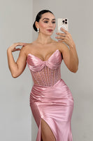 Load image into Gallery viewer, Pink Sweetheart Satin Corset Mermaid Long Prom Dress with Slit