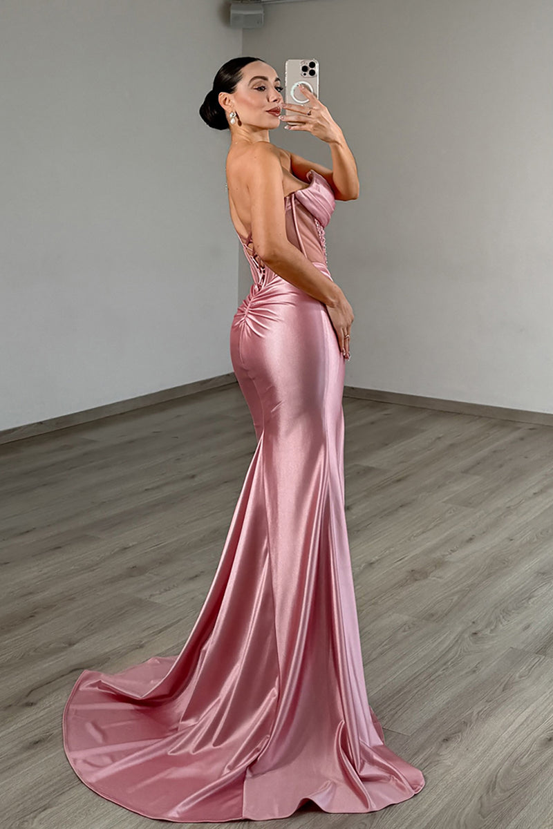 Load image into Gallery viewer, Pink Sweetheart Satin Corset Mermaid Long Prom Dress with Slit