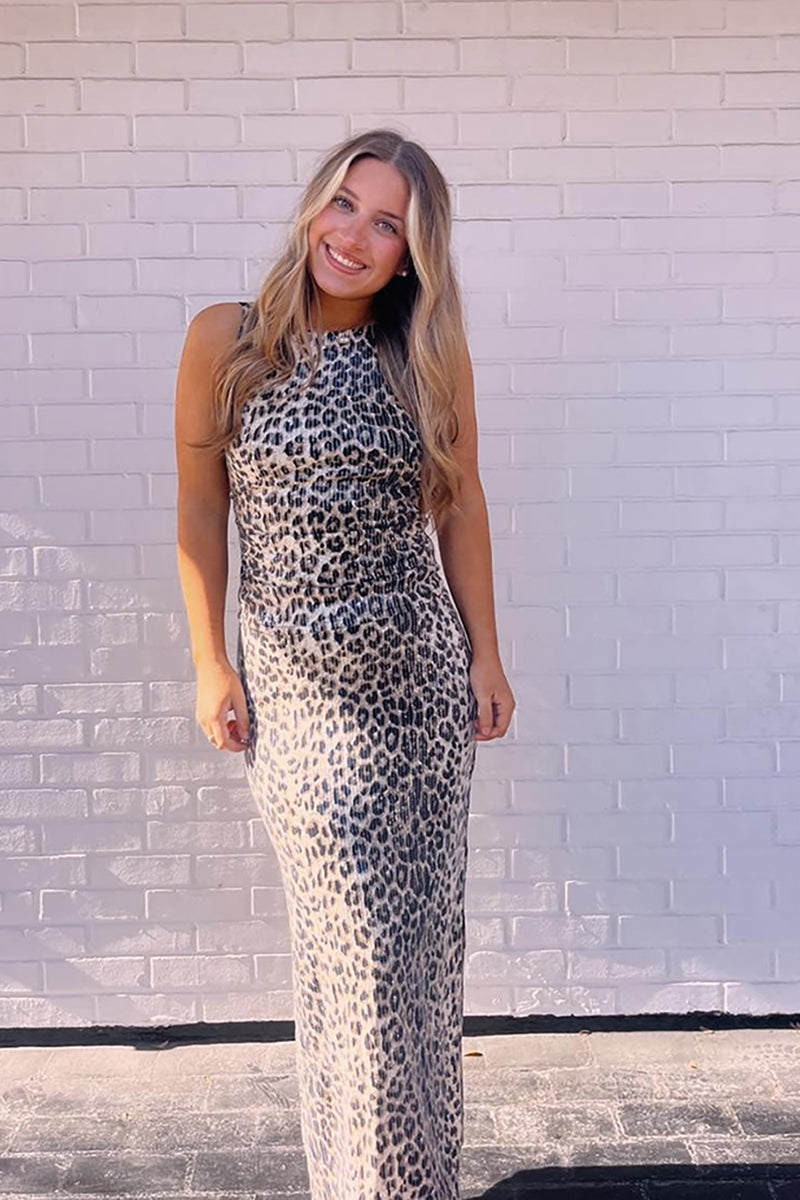 Load image into Gallery viewer, Brown Leopard Sheath Long Prom Dress