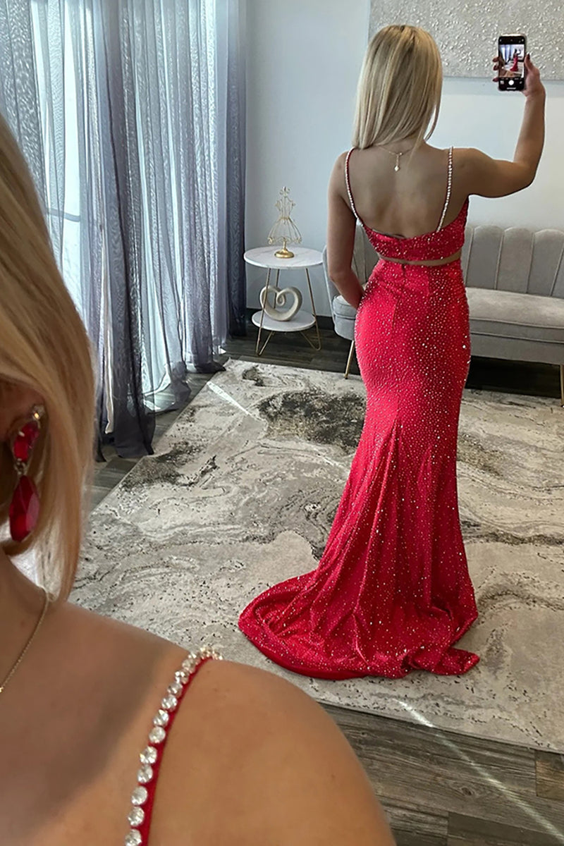 Load image into Gallery viewer, 2 Piece Red Spaghetti Straps Long Prom Dress with Slit